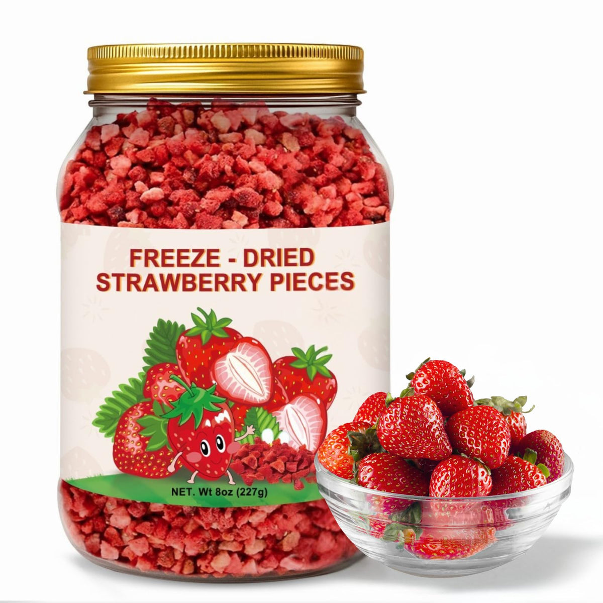SEAYOFA premium freeze-dried strawberry pieces in a jar showing crisp flavor.