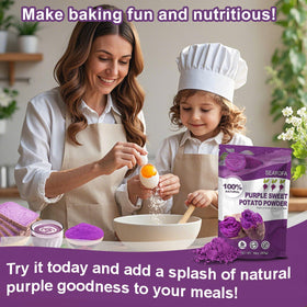 SEAYOFA ube powder swirled in latte for a vibrant hue