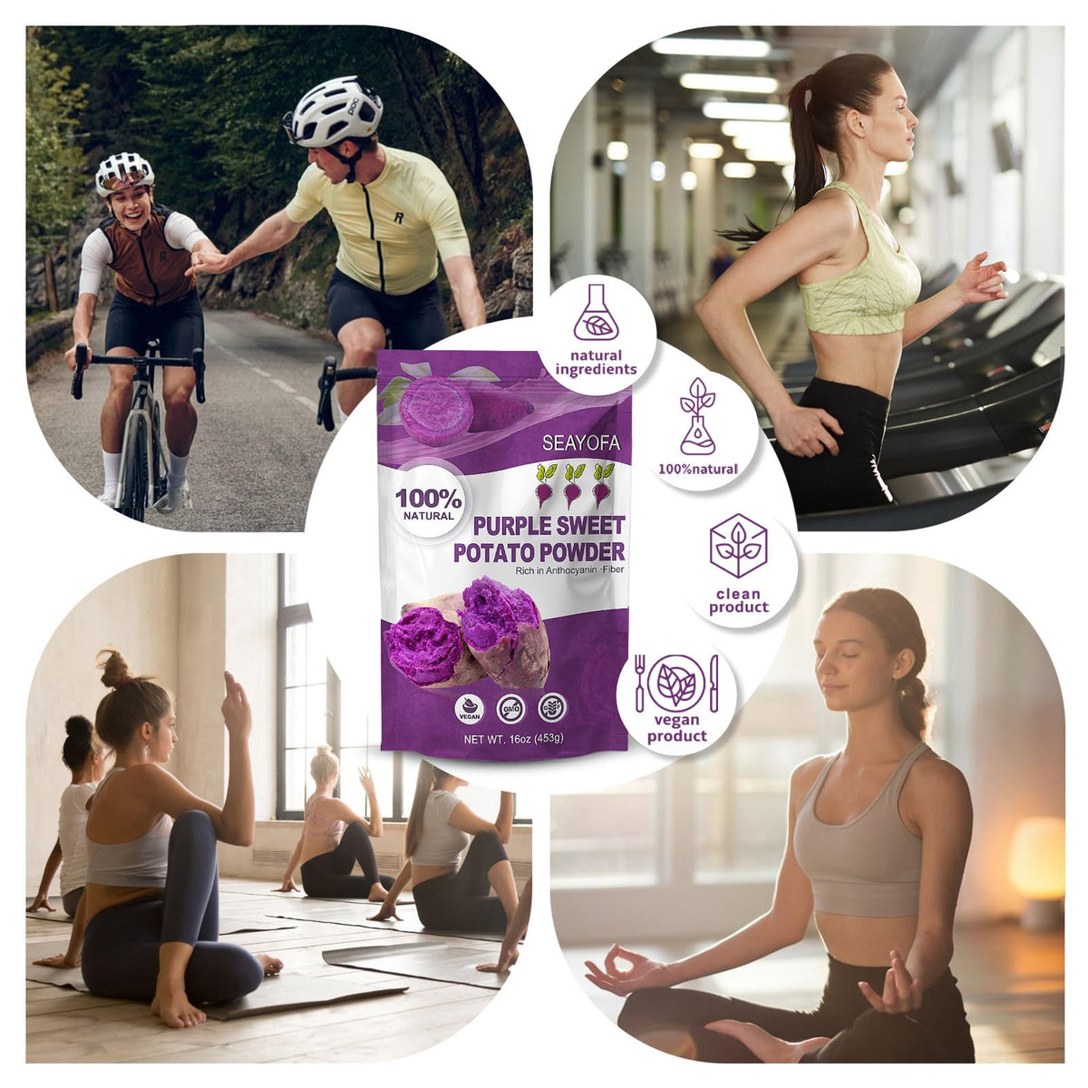 SEAYOFA ube powder poured into smoothie for natural color and flavor