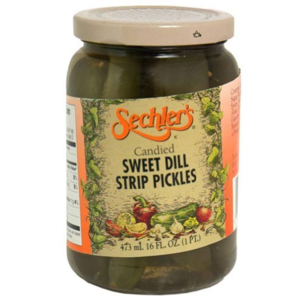 Sechler's candied sweet dill strip pickles in a glass jar for snacking and flavor enhancement.