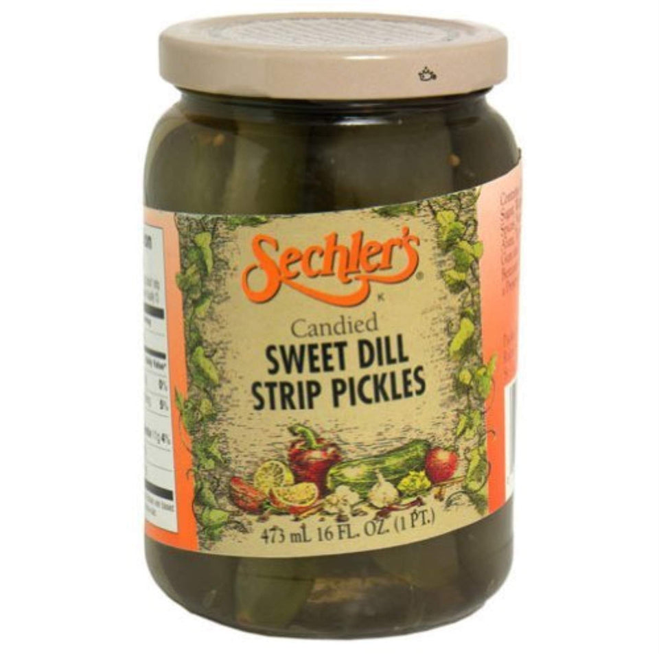 Sechler's candied sweet dill strip pickles in a glass jar for snacking and flavor enhancement.