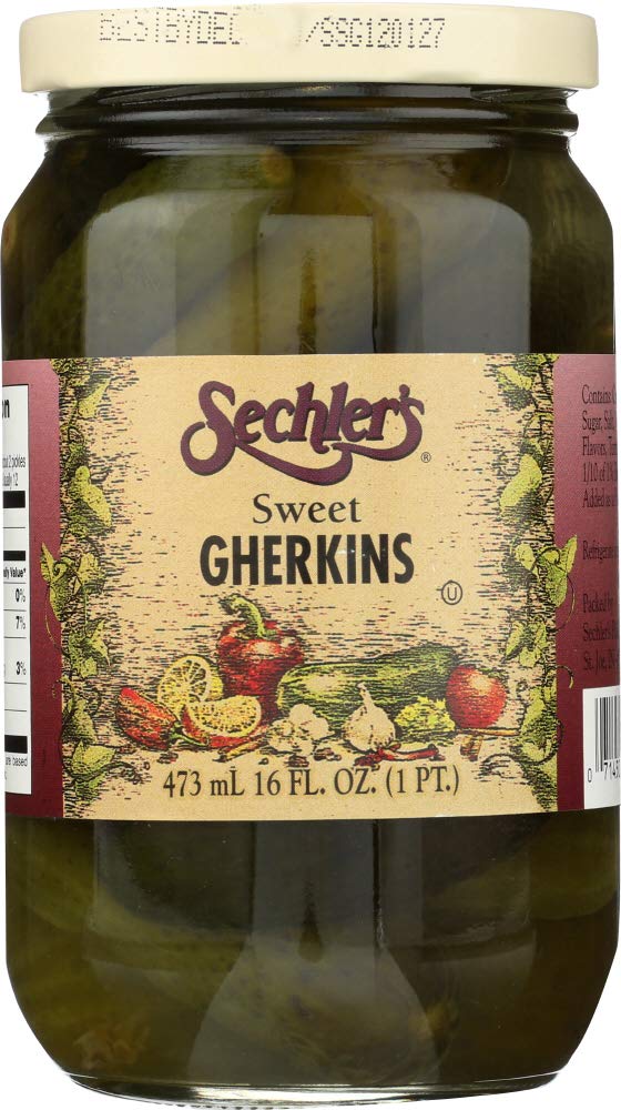 Sechlers Sweet Gherkins in a 16 oz jar ready for pantry snacking