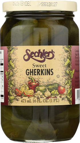 Sechlers Sweet Gherkins in a 16 oz jar ready for pantry snacking