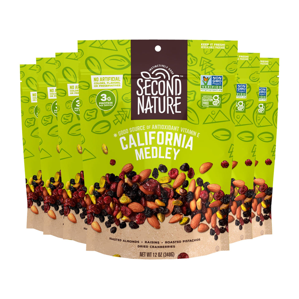 Second Nature California Medley Trail Mix pack front view, ideal for on-the-go snacking