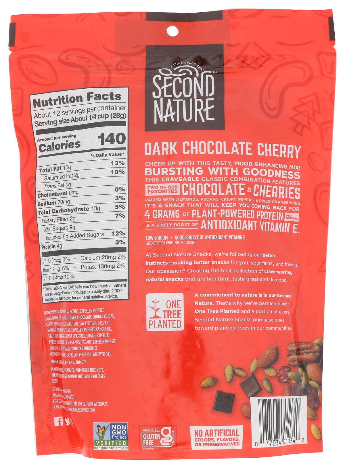 Second Nature Dark Chocolate Cherry Trail Mix close-up cherries highlight premium dried fruit.