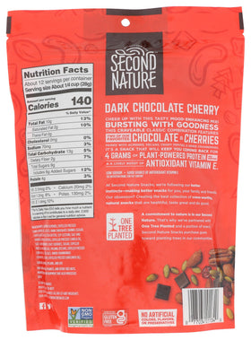 Second Nature Dark Chocolate Cherry Trail Mix close-up cherries highlight premium dried fruit.