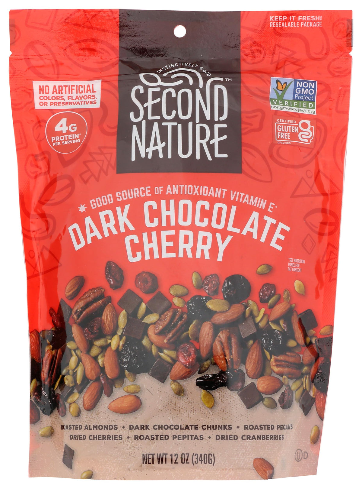 Second Nature Dark Chocolate Cherry Trail Mix packaging, pantry-ready and convenient.