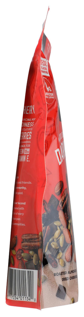 Second Nature Dark Chocolate Cherry Trail Mix snack pouch for on-the-go convenience.