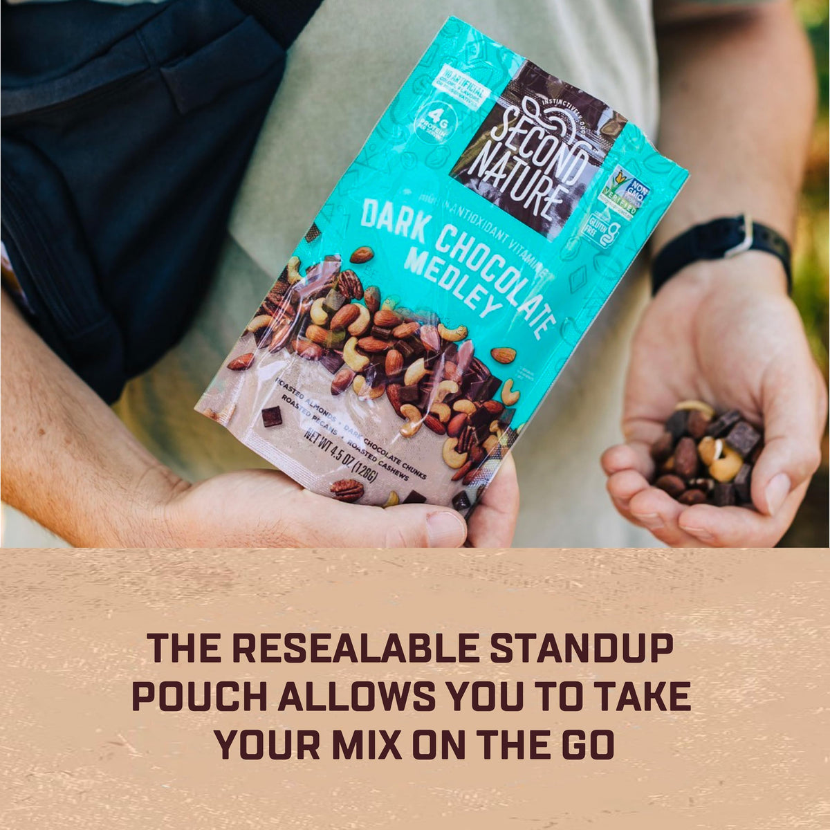 Travel-friendly 12-ounce pouch designed for quick, convenient snacks.