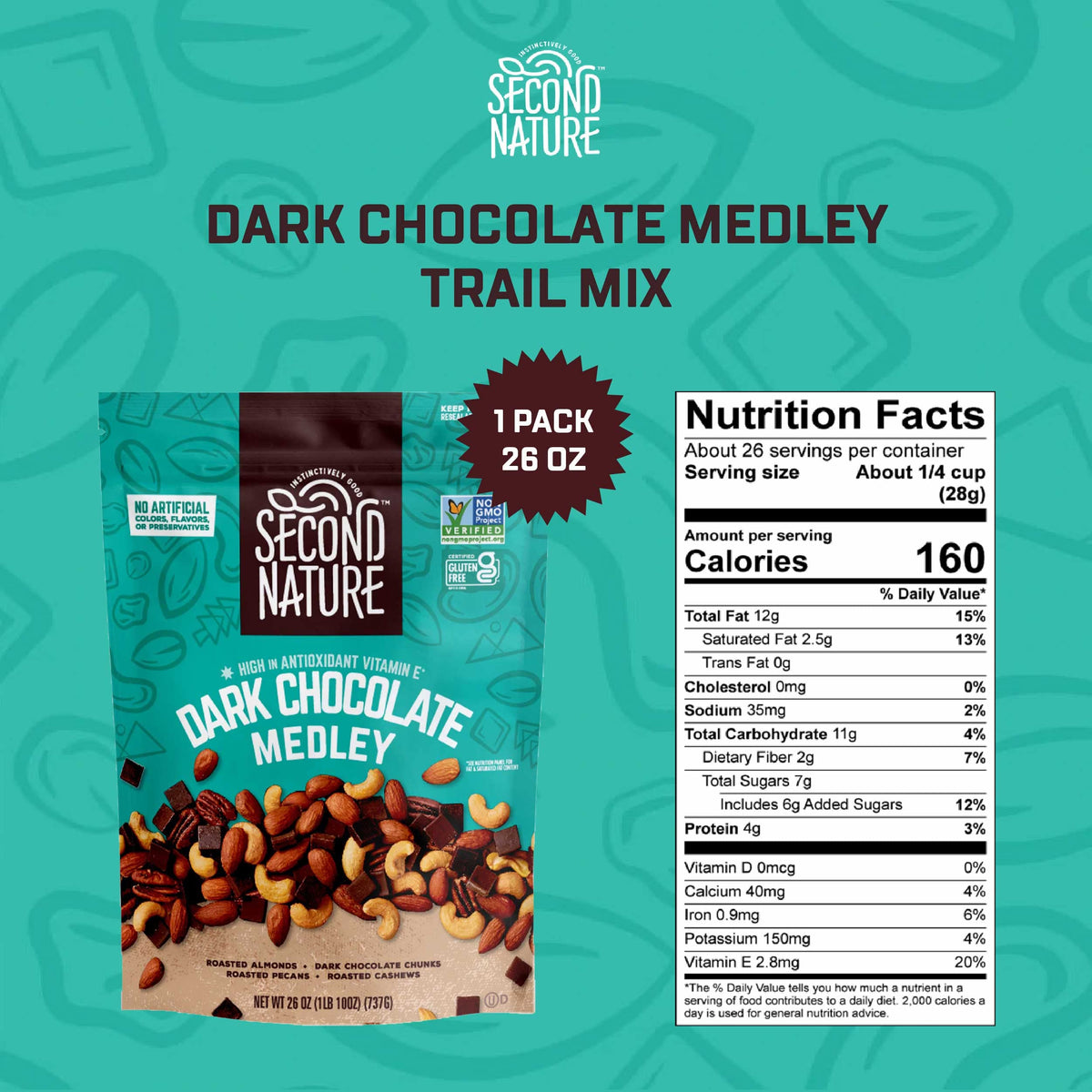 Second Nature Trail Mix with almonds, cashews, pecans and dark chocolate for balanced flavor.