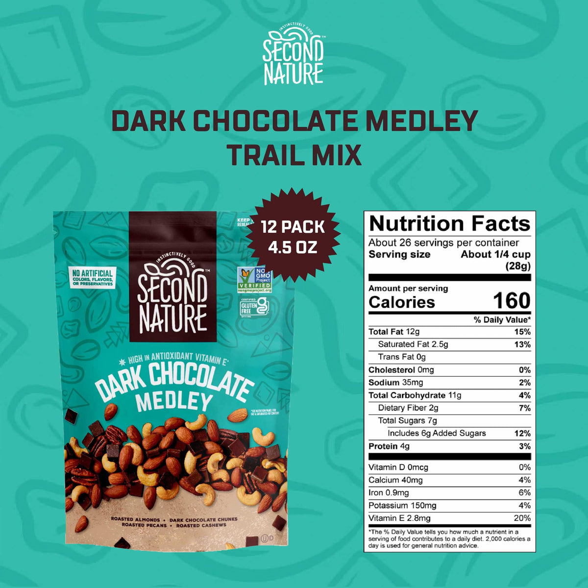 Second Nature Dark Chocolate Medley Trail Mix closeup of almonds, cashews and pecans for a satisfying energy boost.