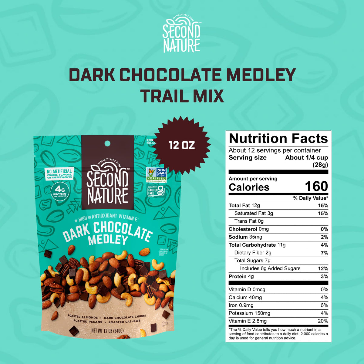 Second Nature trail mix ingredients close-up highlighting almonds, cashews, pecans, and dark chocolate pieces.