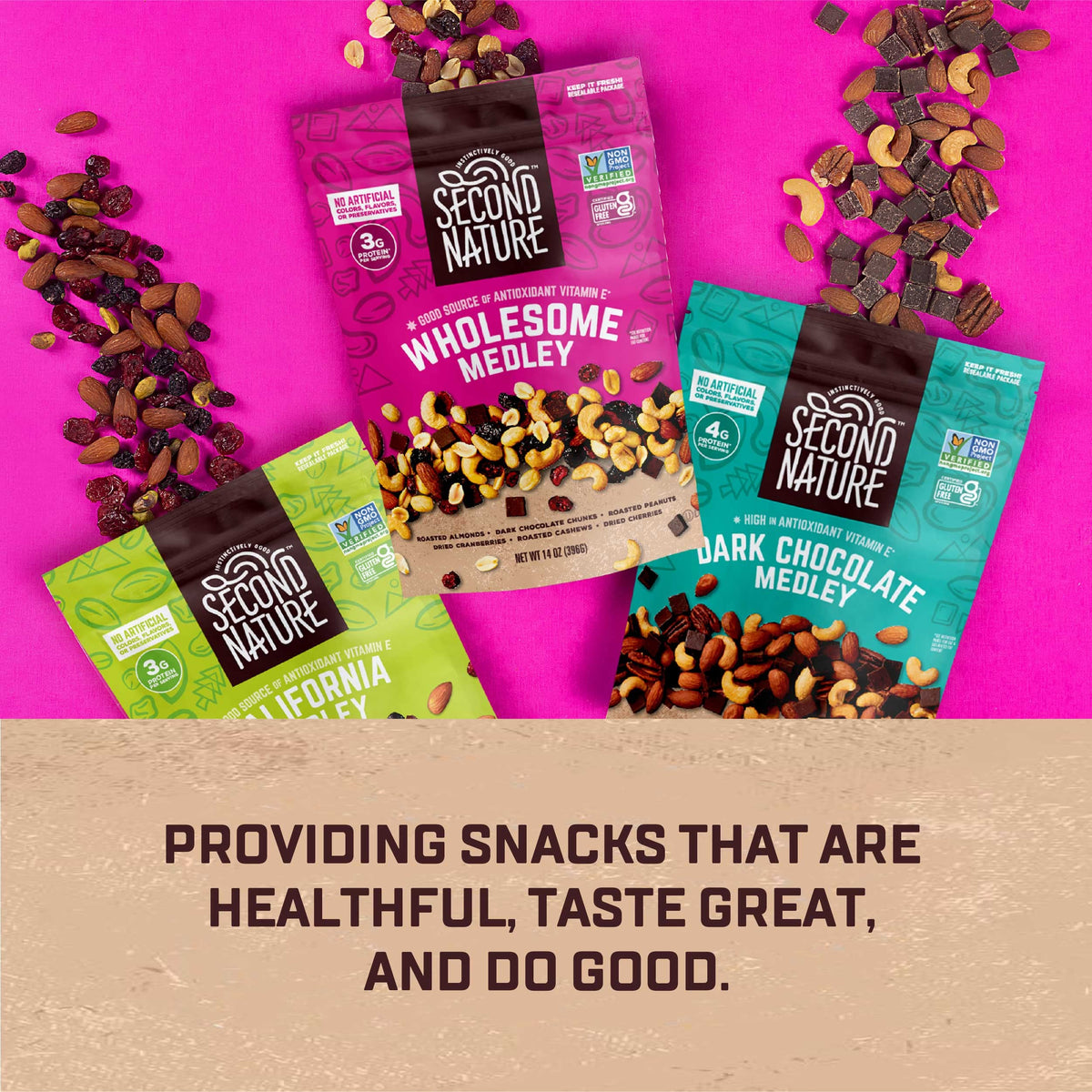 Resealable 26 oz pouch keeps snacks fresh for travel.