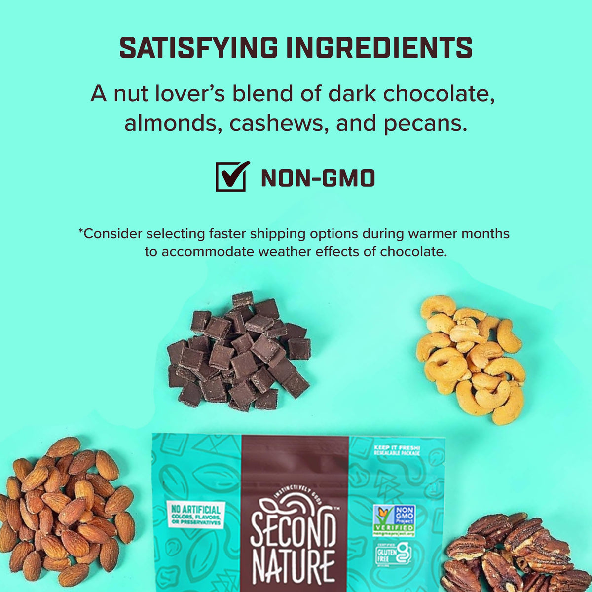 Second Nature dark chocolate medley trail mix nuts close-up emphasizes roasted, lightly salted nuts.
