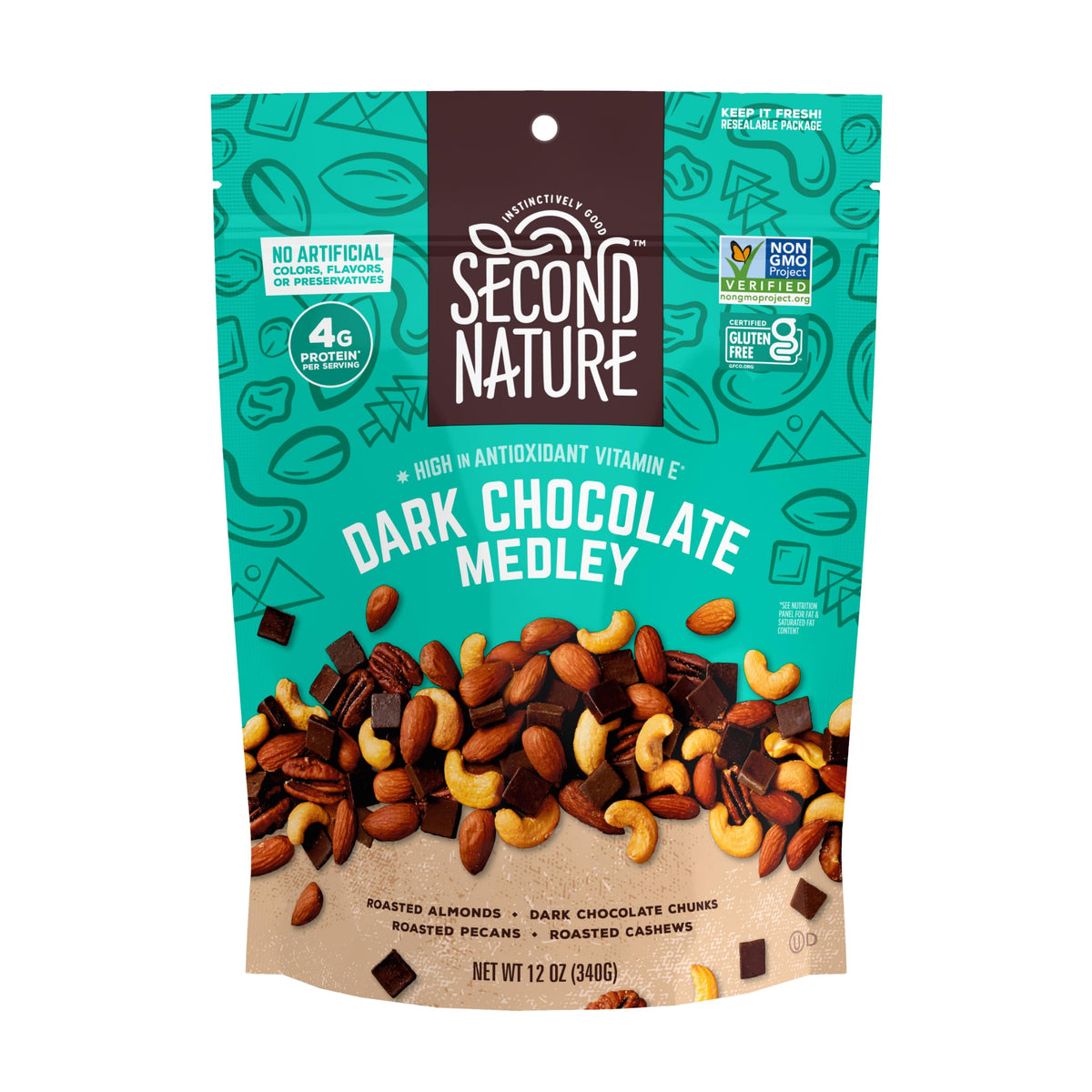 Second Nature dark chocolate medley trail mix pouch front with resealable opening for easy on-the-go snacking.