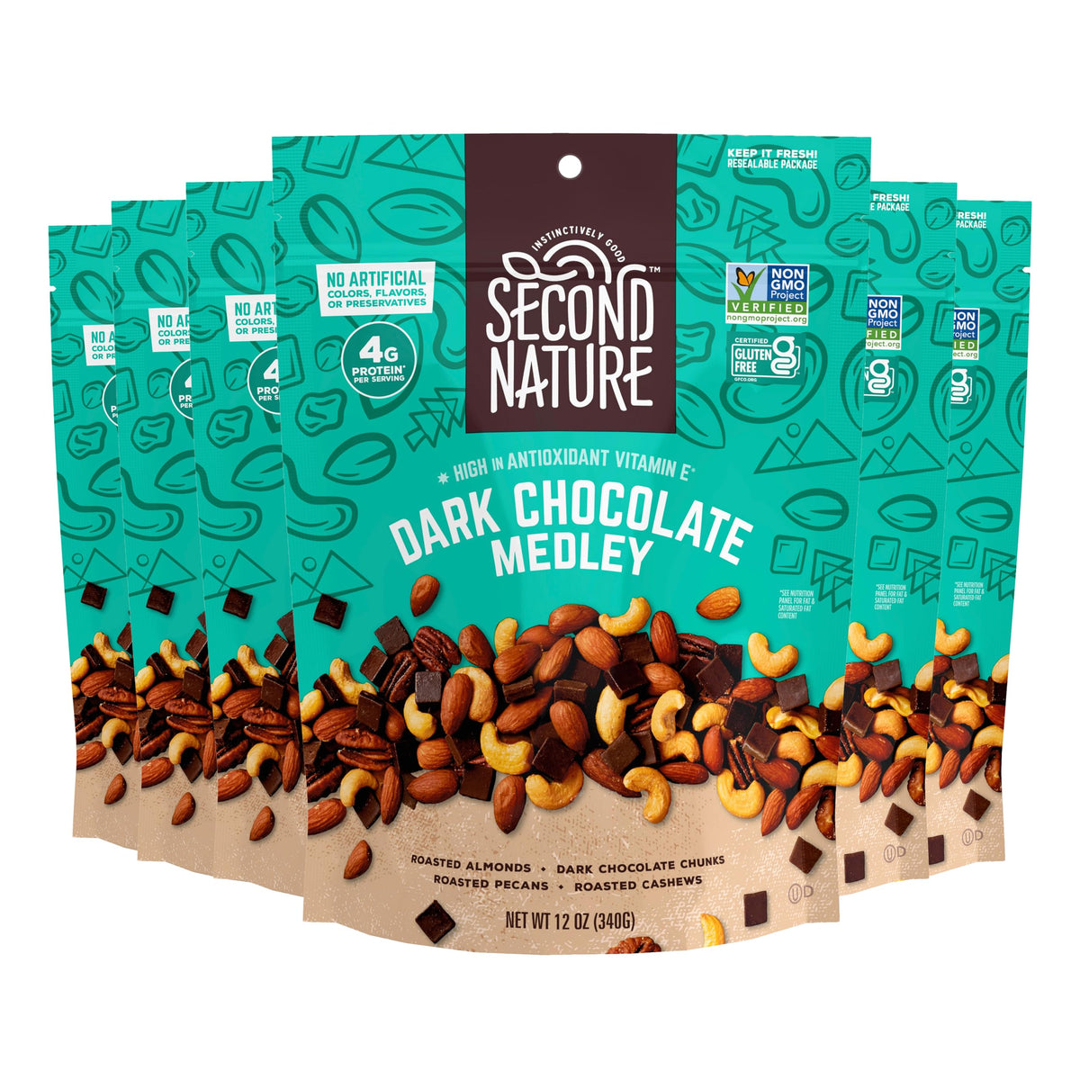 Second Nature dark chocolate medley trail mix in a resealable pouch for on-the-go snacking.