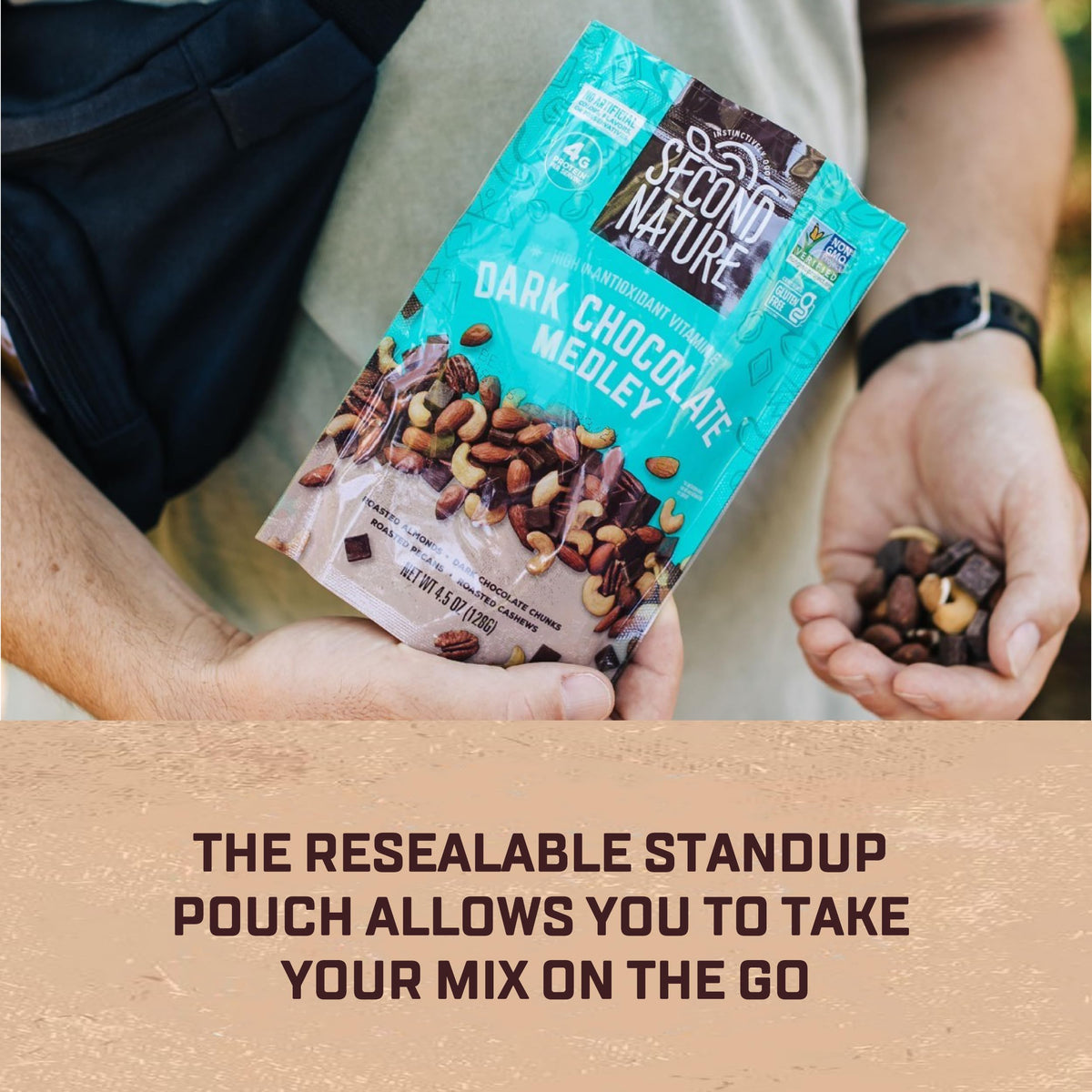 Second Nature dark chocolate medley trail mix resealable zip behind the pouch for freshness.