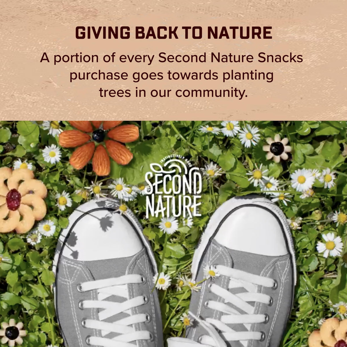 Second Nature trail mix serving in hand demonstrates portable snack ideal for travel.
