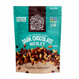 Second Nature Dark Chocolate Medley Trail Mix in standup pouch front, ideal on-the-go energy snack.