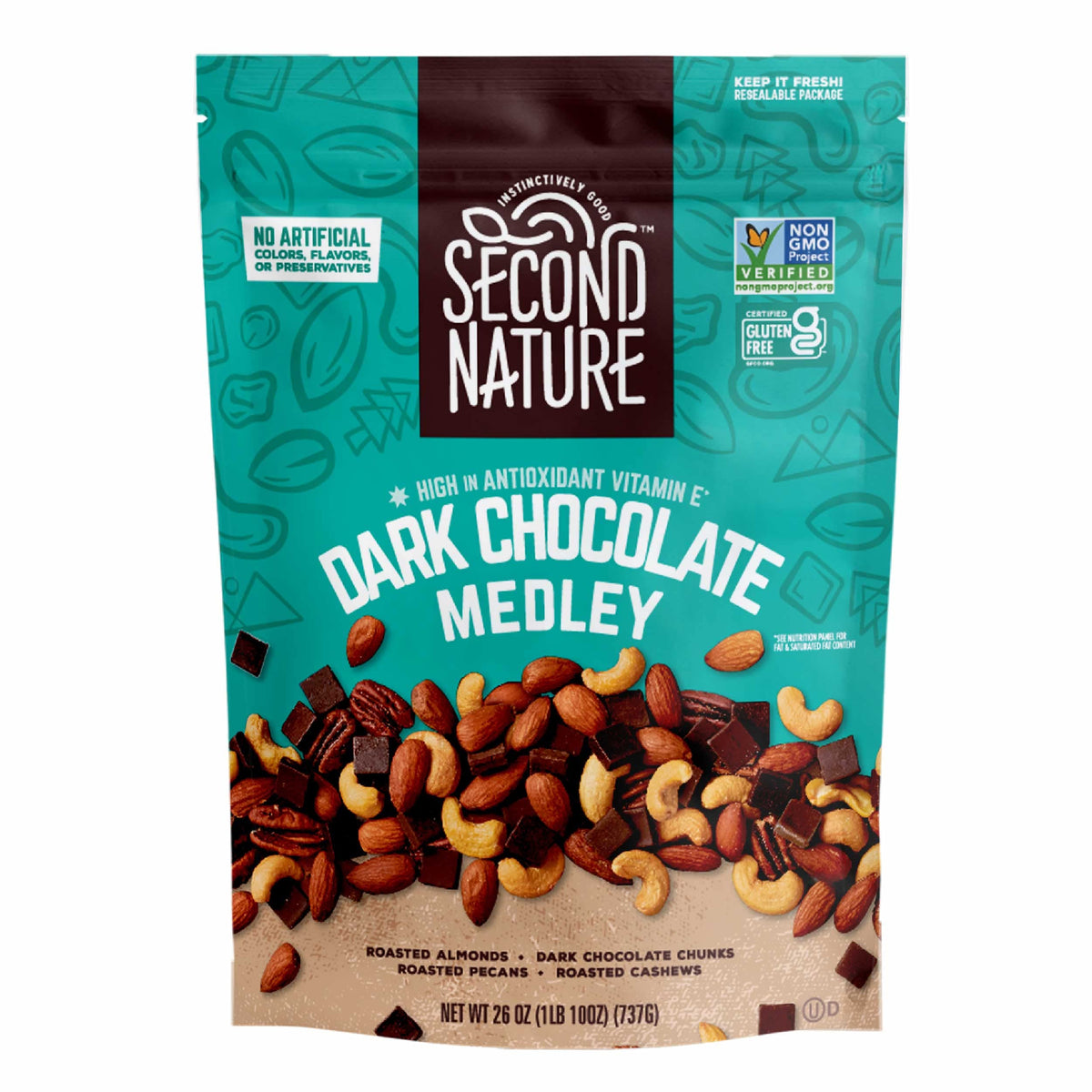Second Nature Dark Chocolate Medley Trail Mix in resealable pouch for on-the-go snacking.