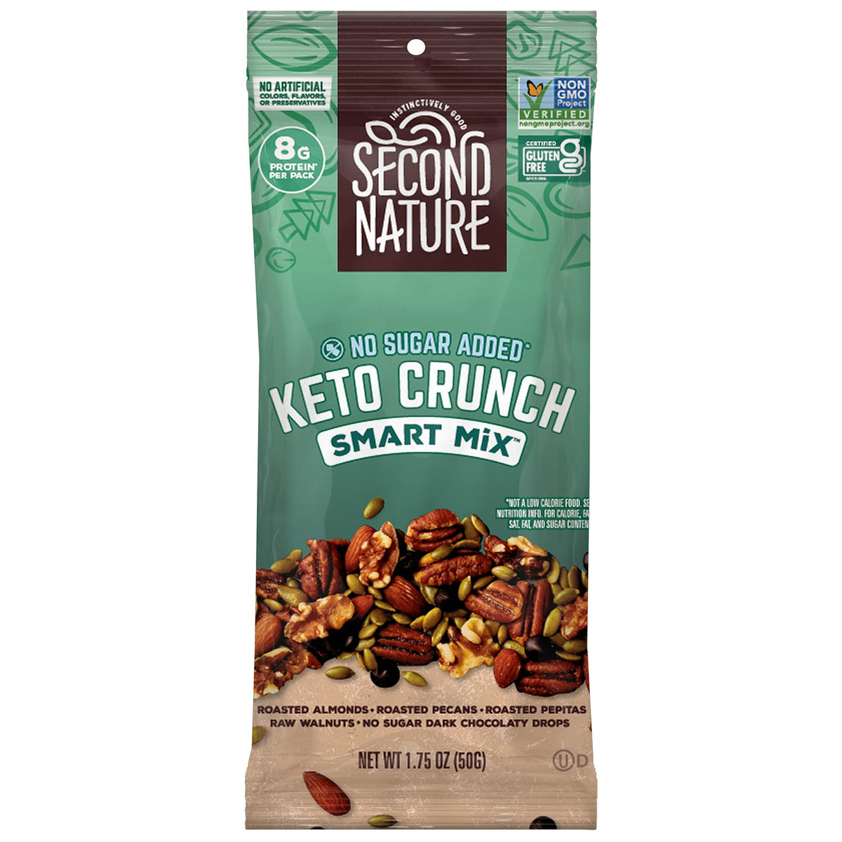 Second Nature Keto Crunch Smart Snack Mix bag with nuts and dark chocolate drops for a low-carb snack.
