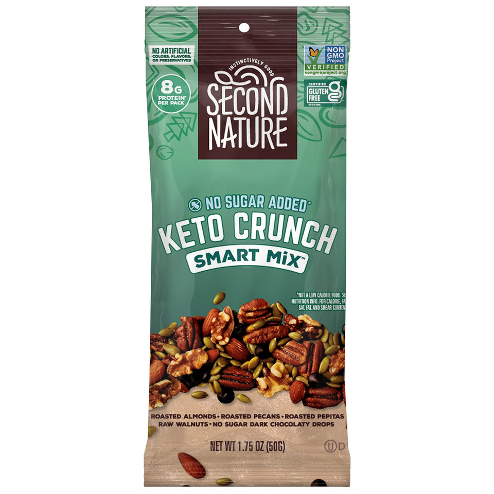 Second Nature Keto Crunch Smart Snack Mix bag with nuts and dark chocolate drops for a low-carb snack.