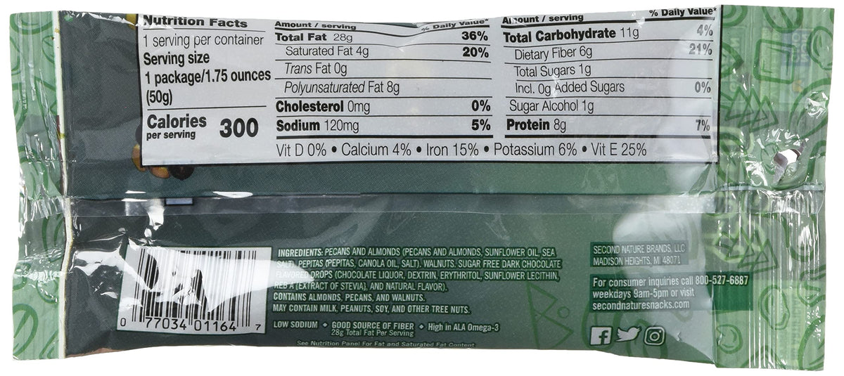 Second Nature Keto Crunch Smart Snack Mix open resealable pouch showing protein-packed nuts and chocolate drops.