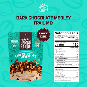 Second Nature trail mix packaging closeup shows almonds, cashews, pecans with dark chocolate.