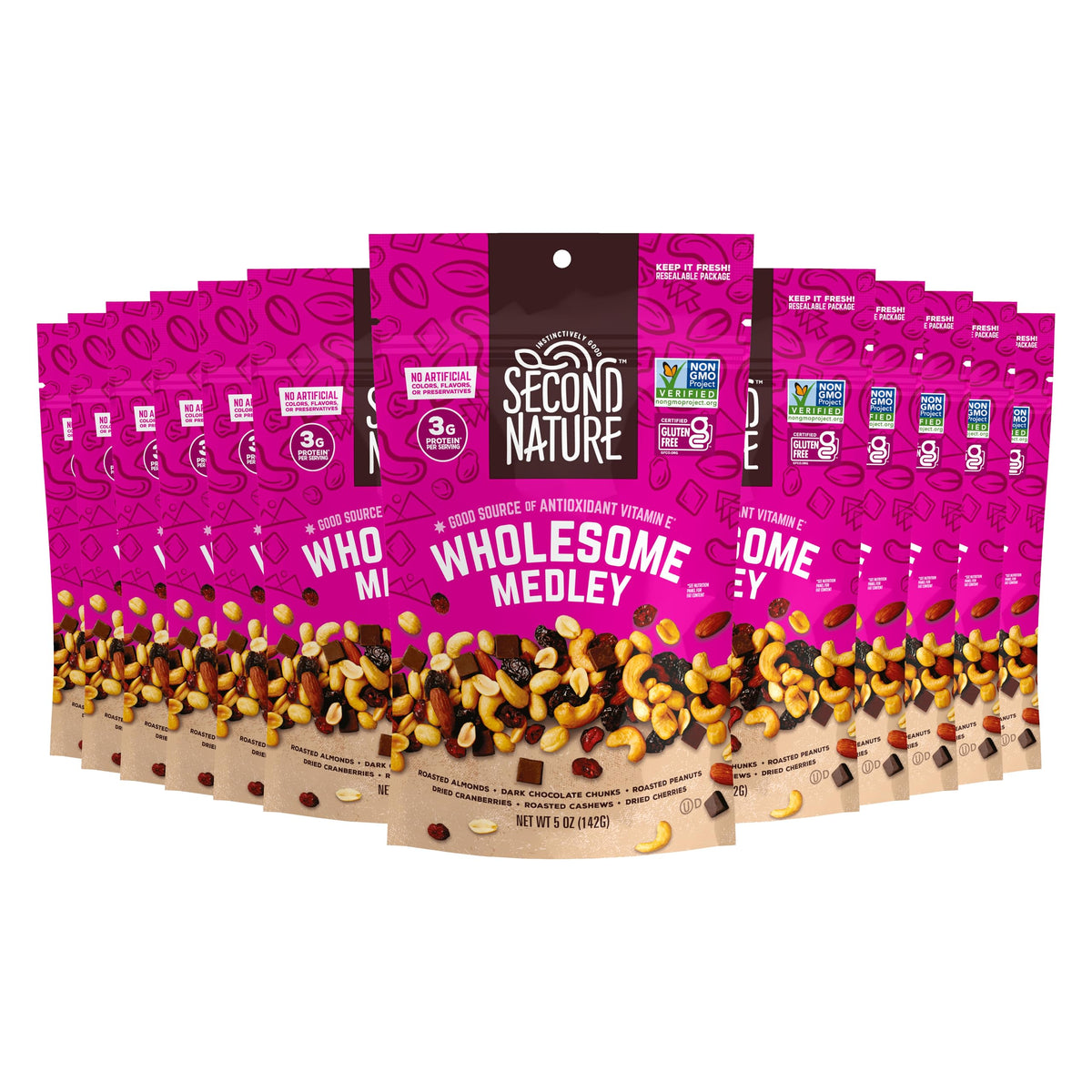 Second Nature Wholesome Medley 12-pack resealable pouches for on-the-go snacking.