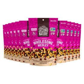 Second Nature Wholesome Medley 12-pack resealable pouches for on-the-go snacking.