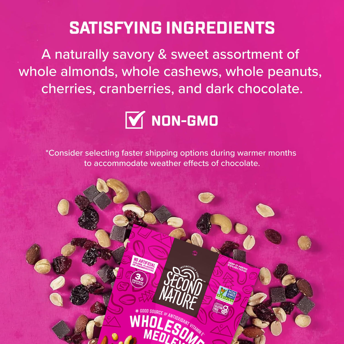 Second Nature Wholesome Medley Trail Mix dark chocolate chips close-up for indulgent flavor