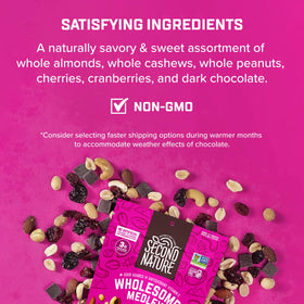 Second Nature Wholesome Medley Trail Mix dark chocolate chips close-up for indulgent flavor