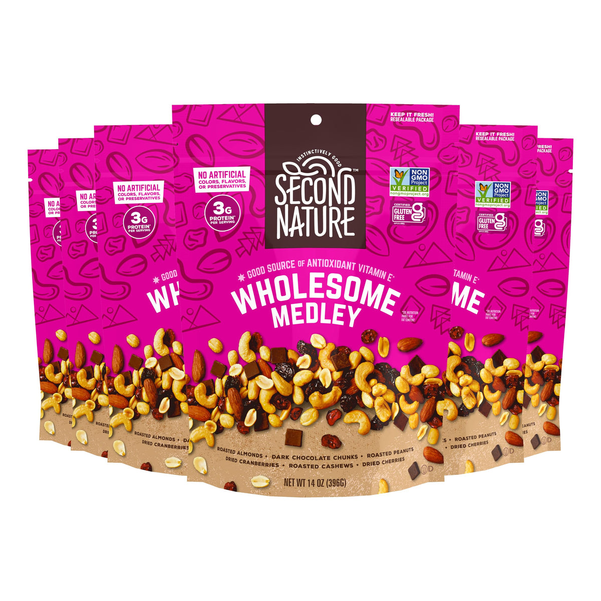 Front-pack of Second Nature Wholesome Medley Trail Mix, gluten-free, travel-friendly.