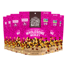 Front-pack of Second Nature Wholesome Medley Trail Mix, gluten-free, travel-friendly.