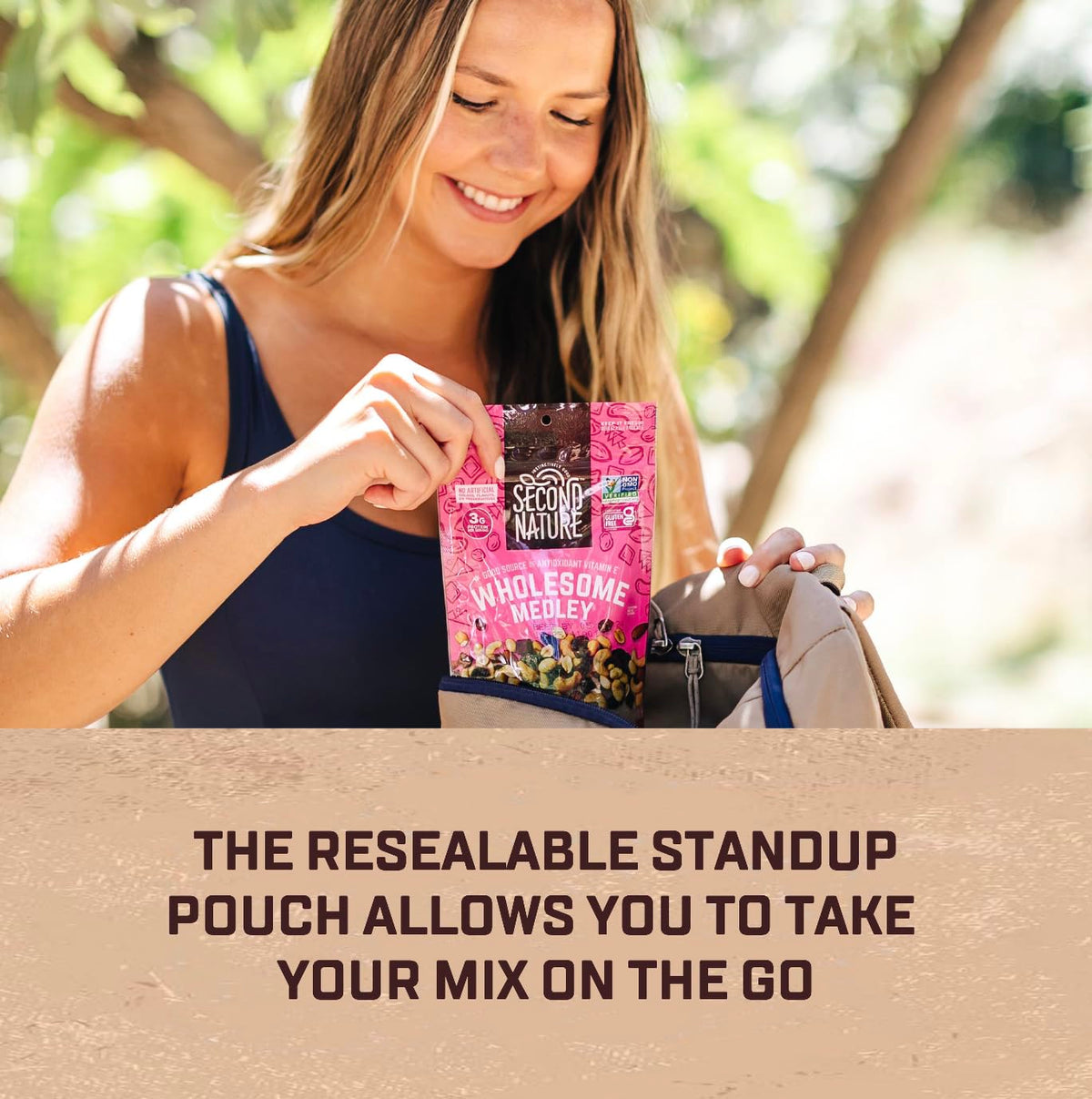 Nutrition panel on Second Nature trail mix shows vitamin E and clean ingredients.