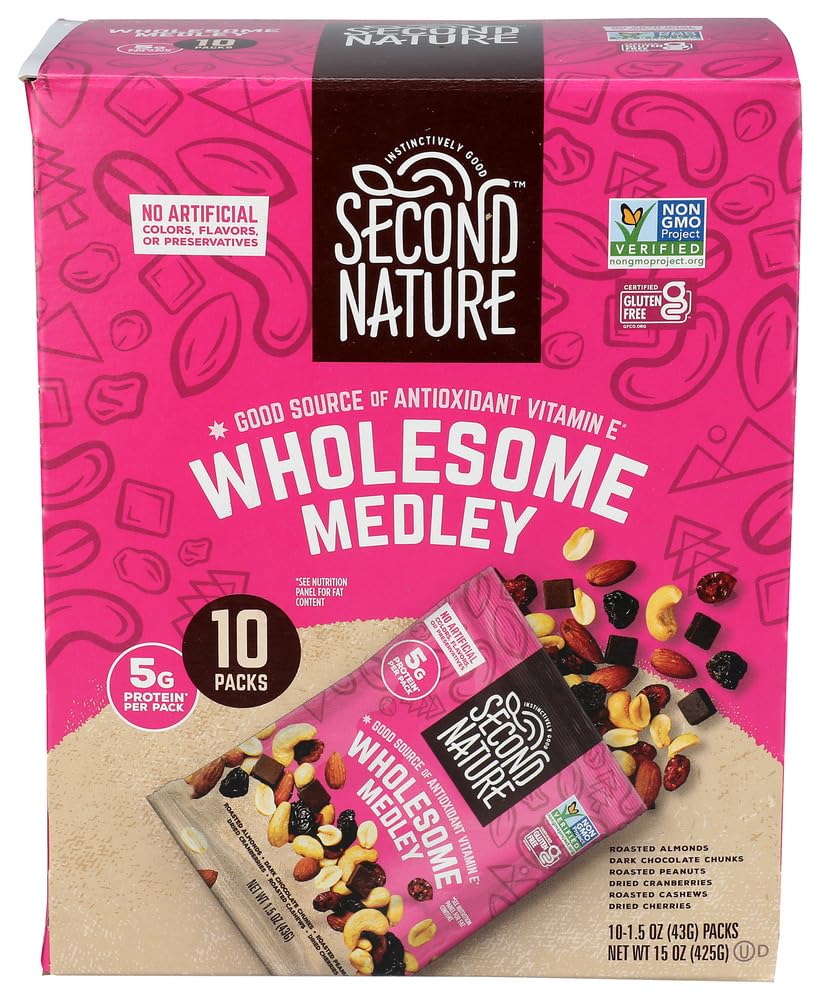 Second Nature Wholesome Medley Trail Mix 15 oz pack front view with vibrant ingredients