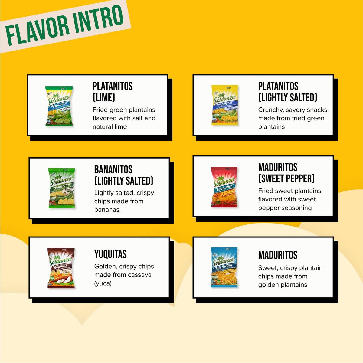 Seconde Nature Soldanza Plantain Chips flavors assortment — grab-and-go convenience for tasting.