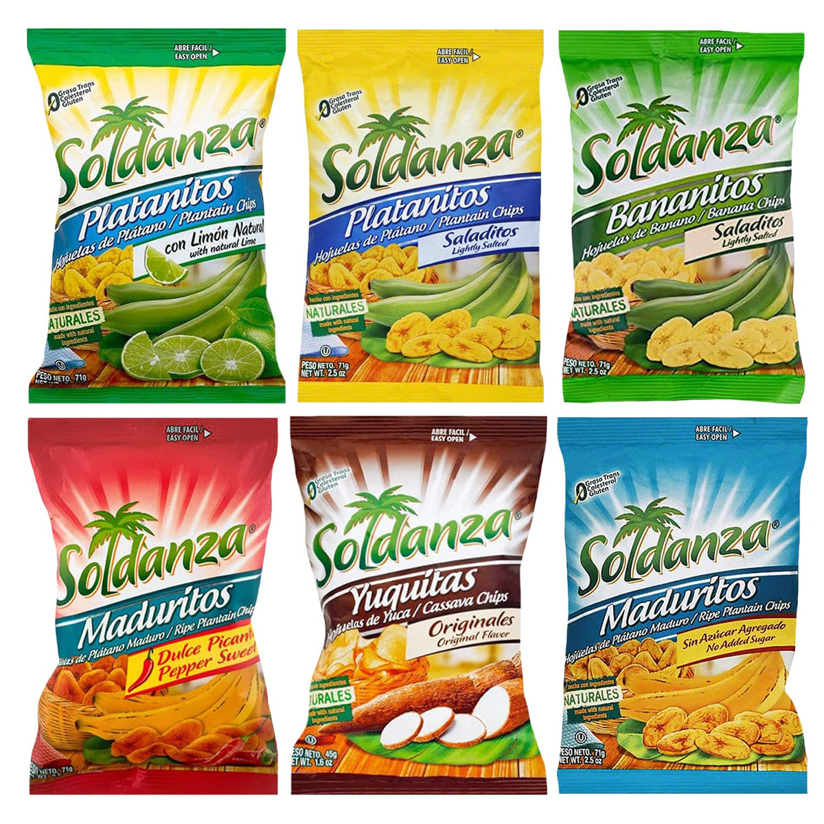 Seconde Nature Soldanza Plantain Chips variety pack — six flavors for versatile snacking.
