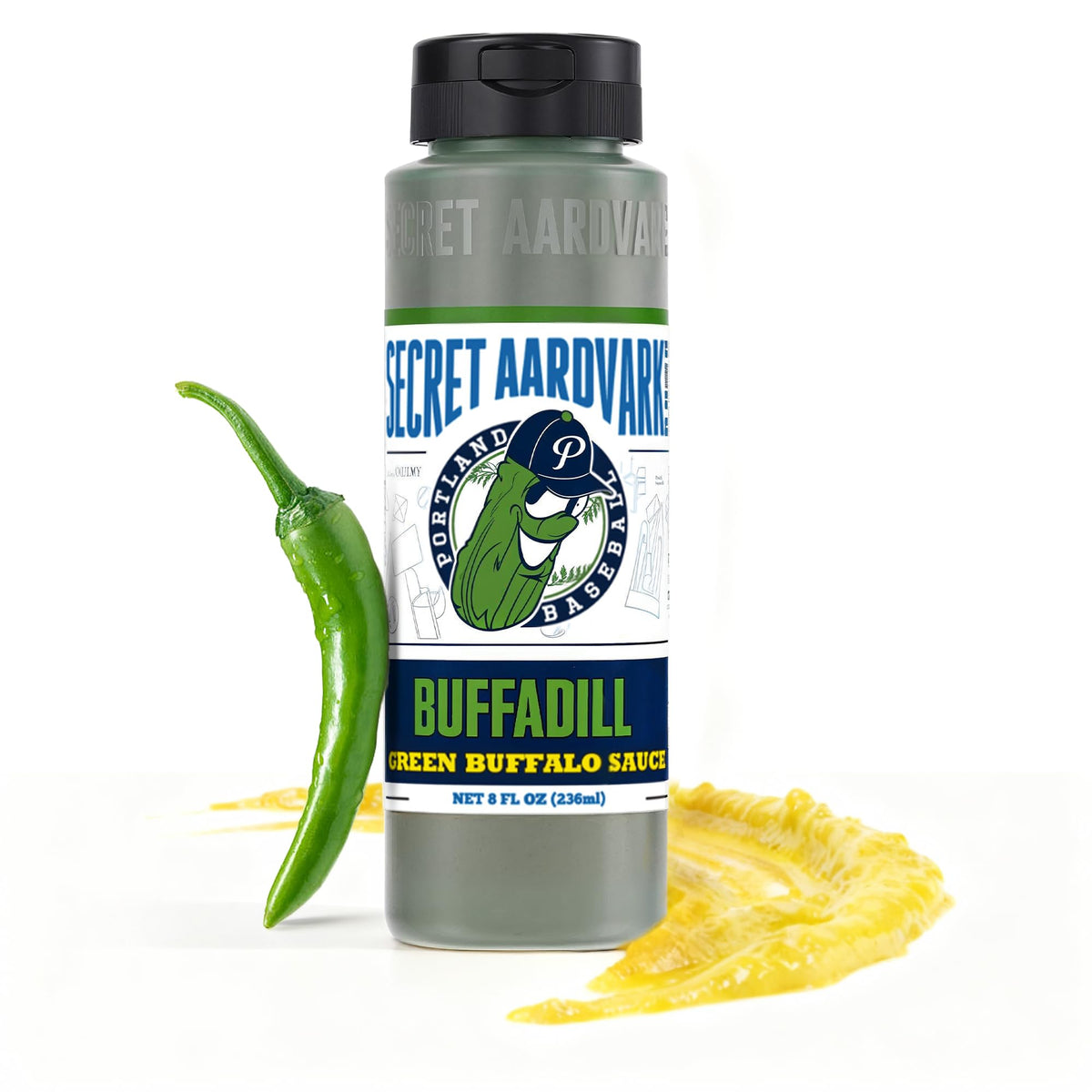 Secret Aardvark BuffaDill bottle pour reveals tangy dill heat for wings.
