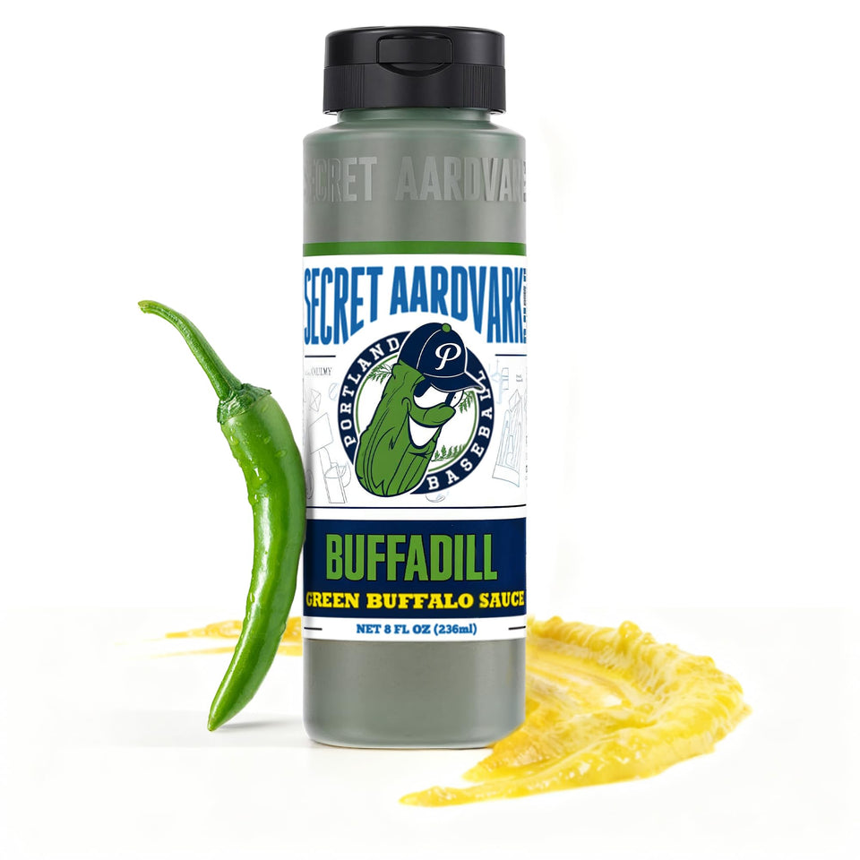 Secret Aardvark BuffaDill bottle pour reveals tangy dill heat for wings.