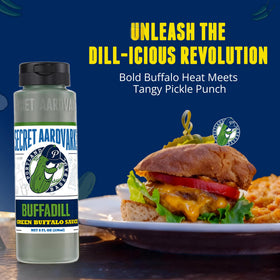 Secret Aardvark BuffaDill wings dunk highlights green buffalo flavor.