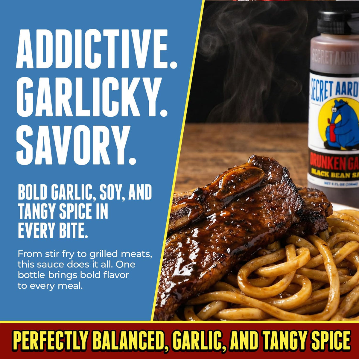 Secret Aardvark Drunken Garlic Black Bean Sauce label closeup showing branding and ingredients
