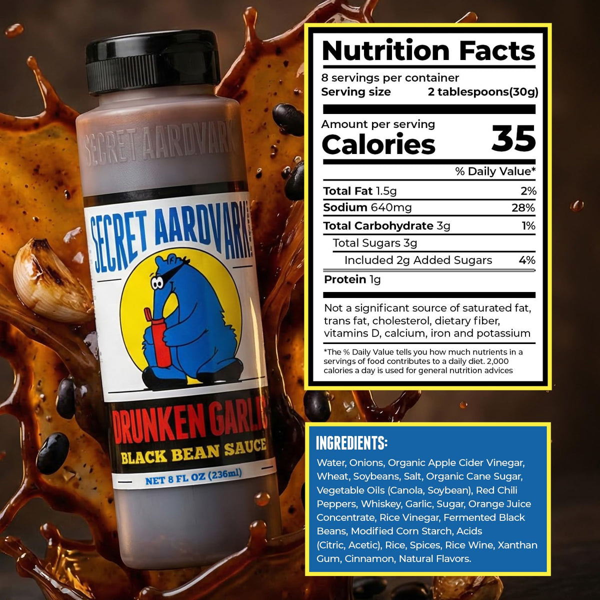 Secret Aardvark Drunken Garlic Black Bean Sauce packaging notes non-GMO and dairy-free