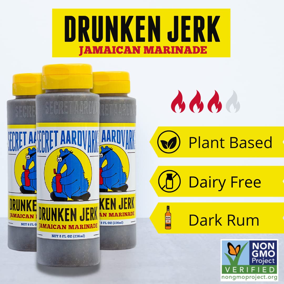 Secret Aardvark Drunken Jerk bottle on countertop for jerk-inspired flavor