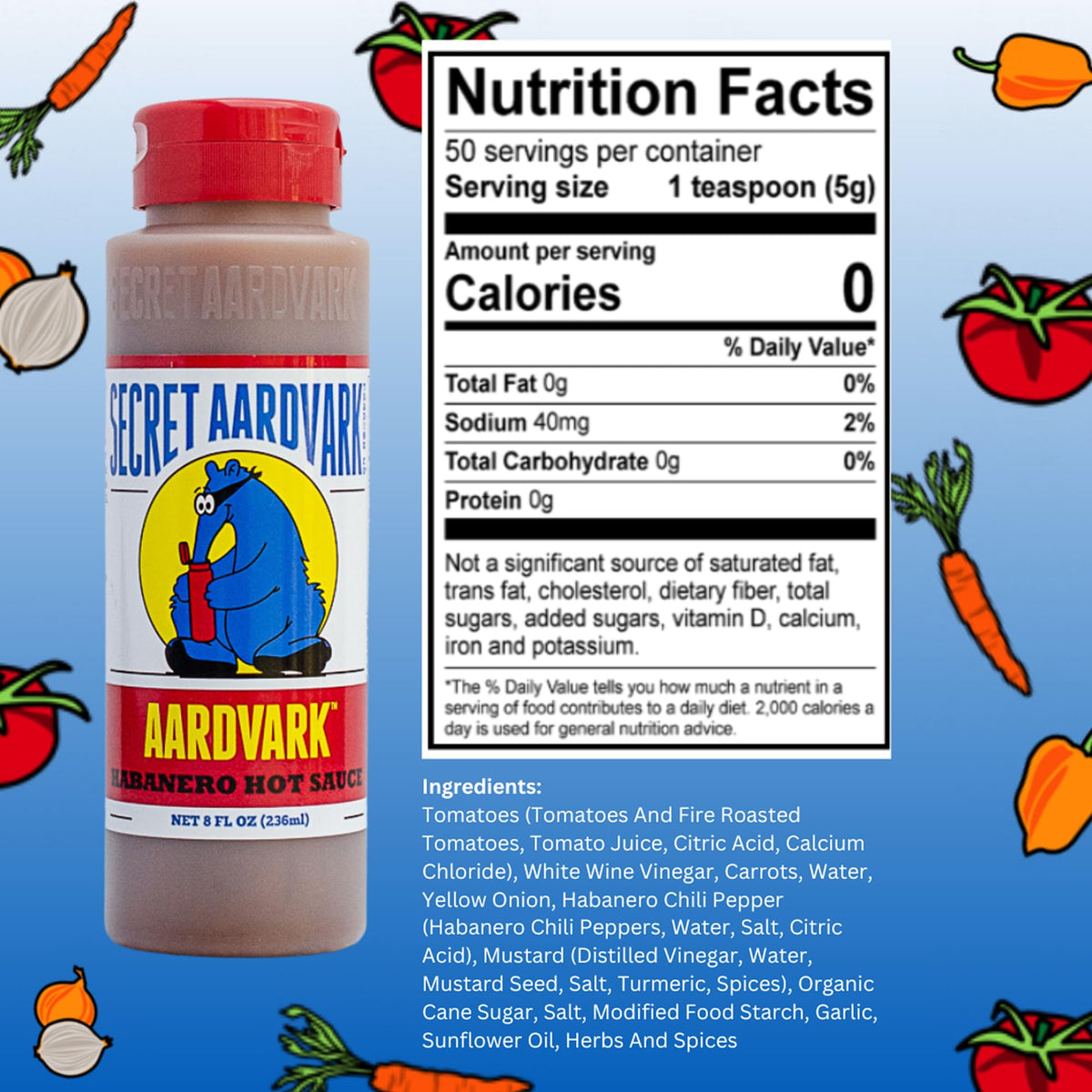 Close-up of Secret Aardvark Habanero hot sauce label highlighting non-GMO ingredients