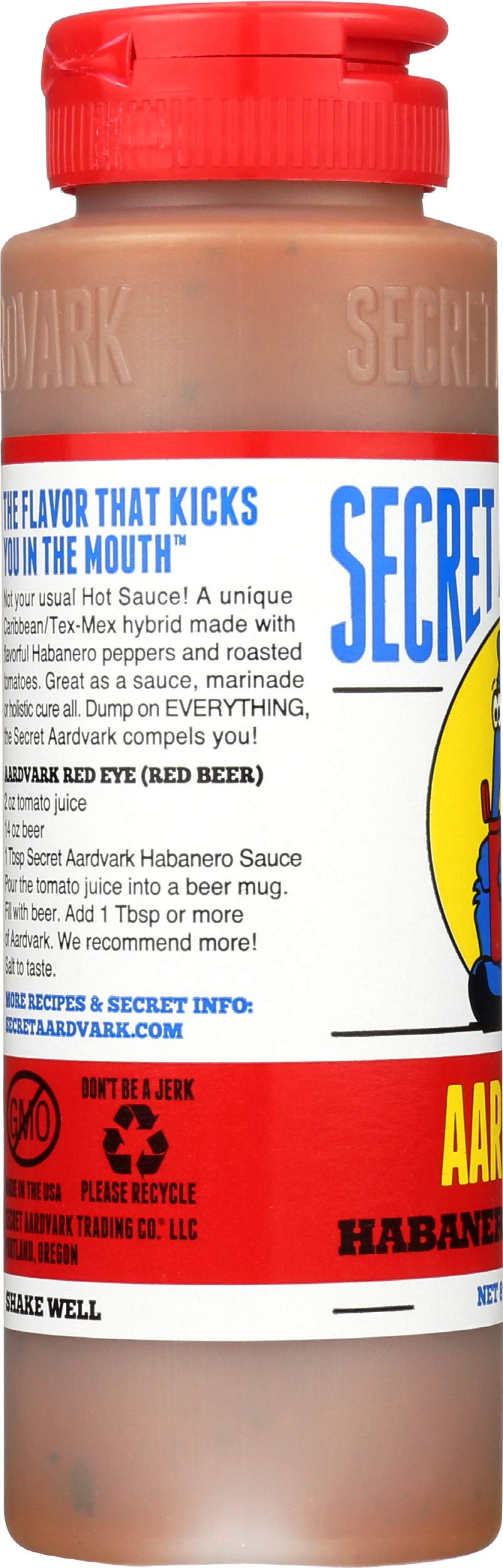 Secret Aardvark Habanero Hot Sauce label closeup emphasizes roasted tomato notes.