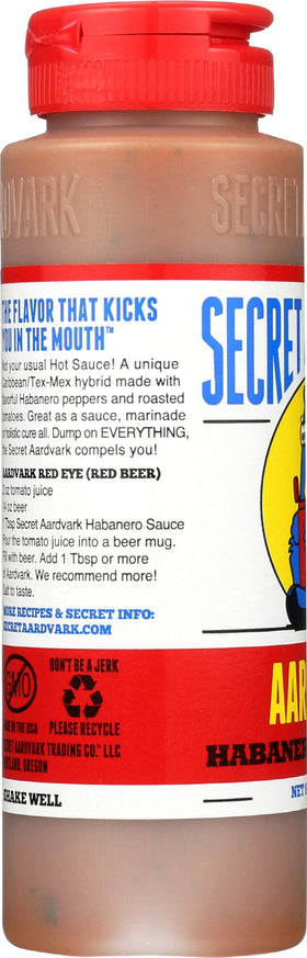 Secret Aardvark Habanero Hot Sauce label closeup emphasizes roasted tomato notes.
