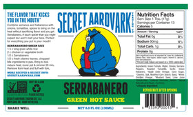 Secret Aardvark serraberano bottle closeup provides green heat with tang.