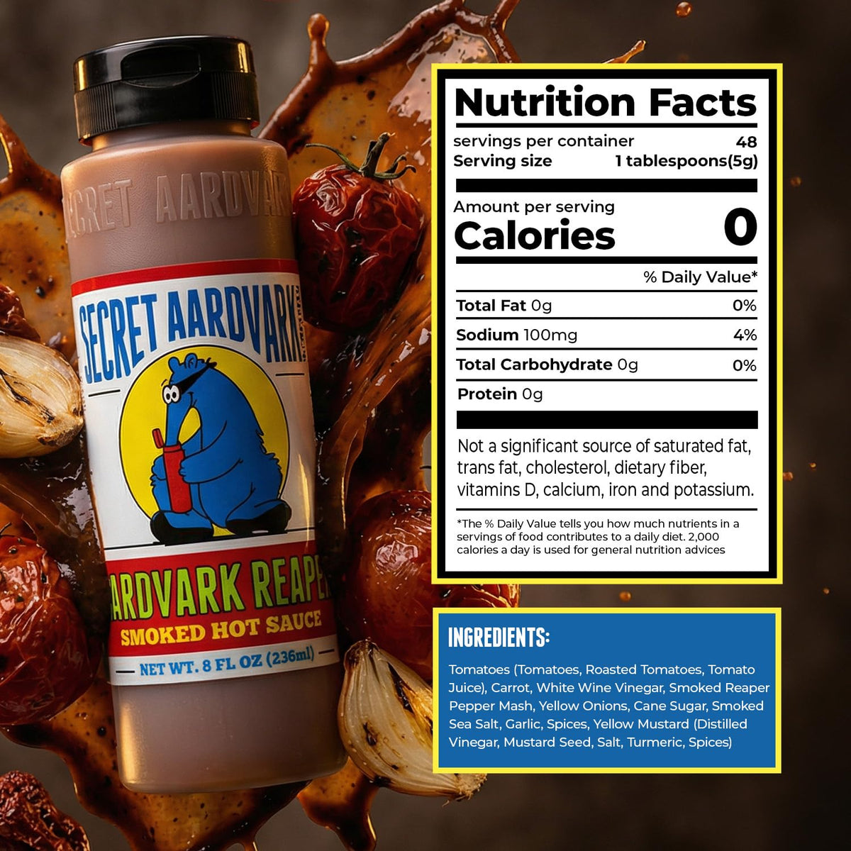 Secret Aardvark Reaper sauce bottle on grill, ideal for marinades and toppings.
