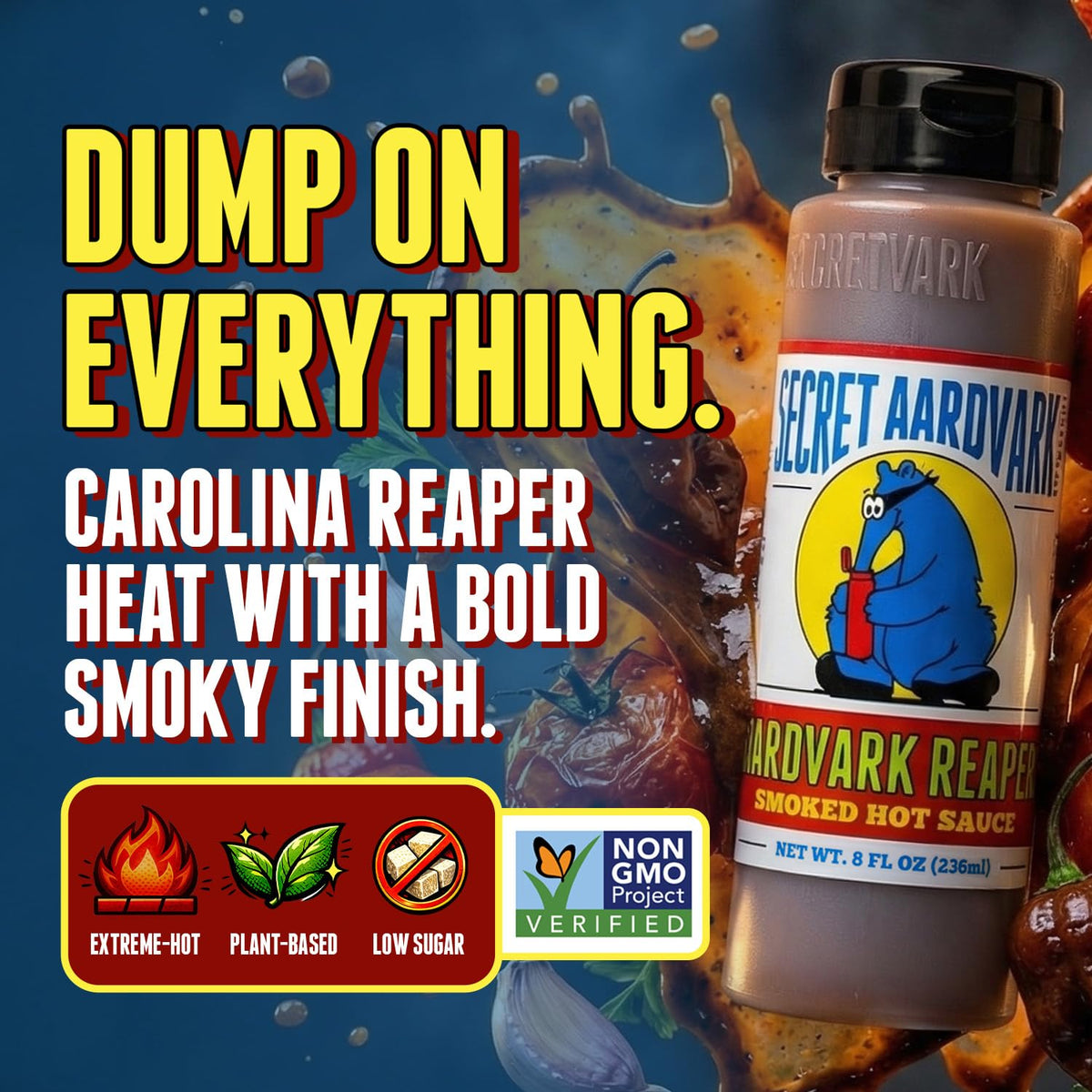 Secret Aardvark Reaper Hot Sauce label close-up highlighting bold flavor and USA-made quality.